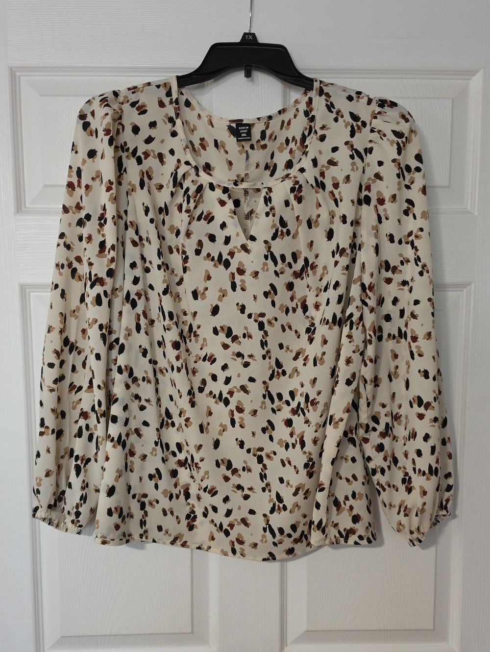 Shein Cream Animal-Print Keyhole Blouse